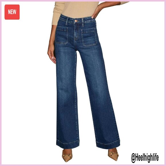 Denim - High Waisted Wide Leg Jeans Stretchy Denim Straight Leg Pants